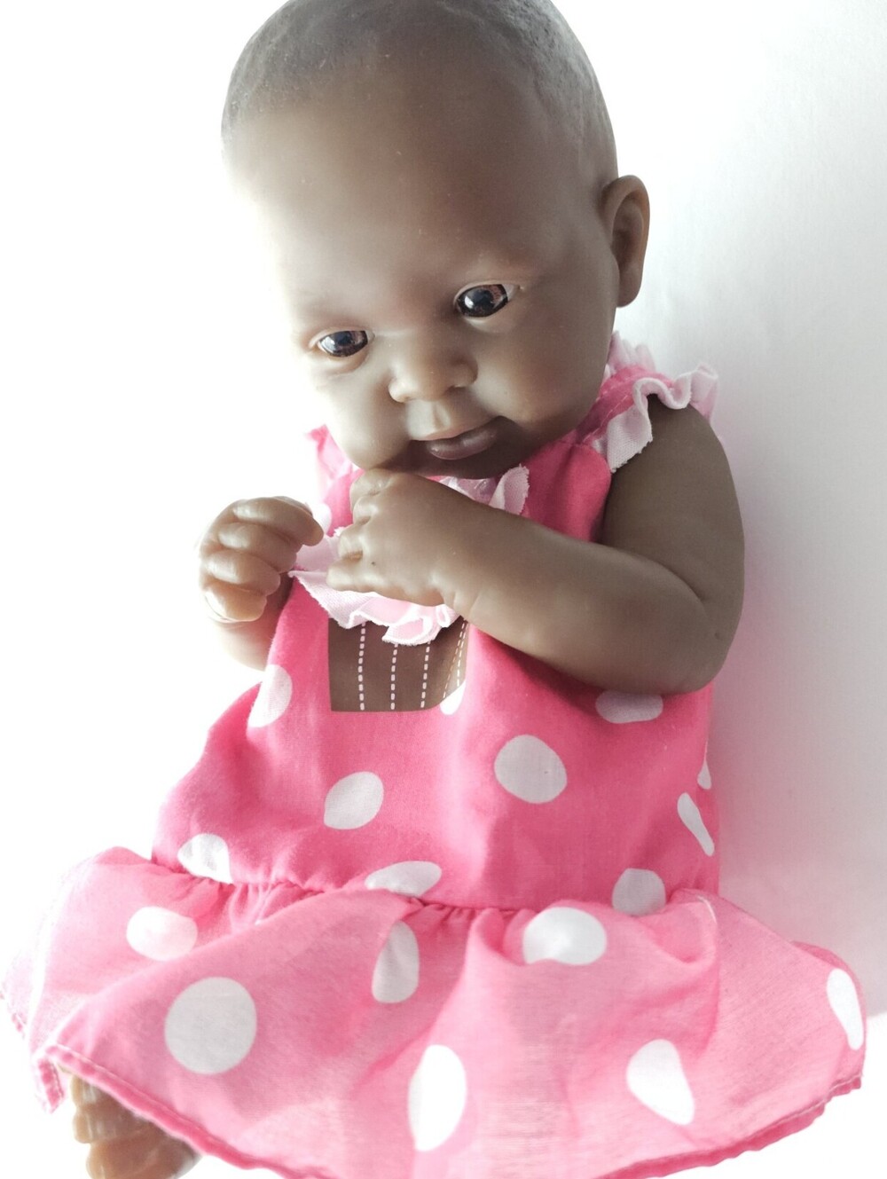 Berenguer 11-13 Brown Eyed Baby Doll 14" Vinyl Pink Polka Dot Dress
